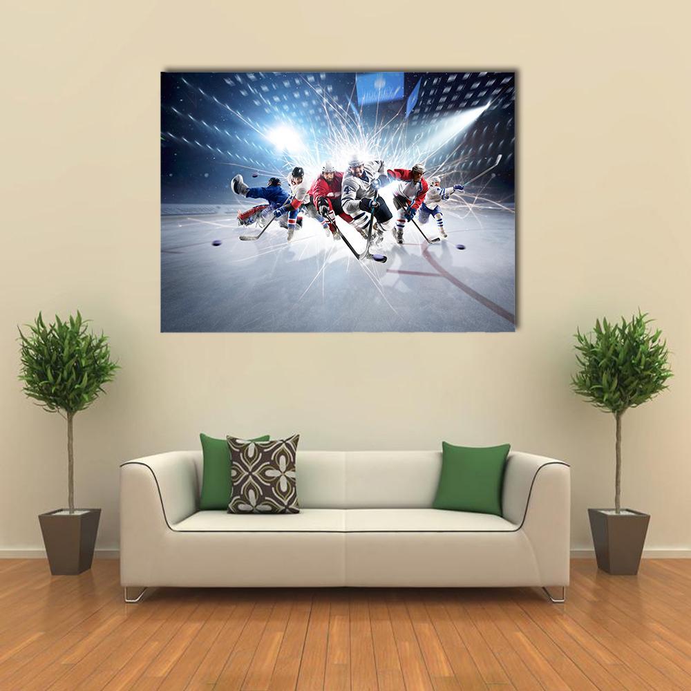 Hockey Players in Action Canvas Wall Art in white, gray and blue, single panel hung on a wall