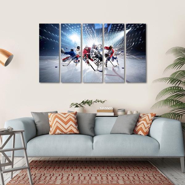 Hockey Players In Action Canvas Wall Art-5 Horizontal-Gallery Wrap-22&quot; x 12&quot;-Tiaracle