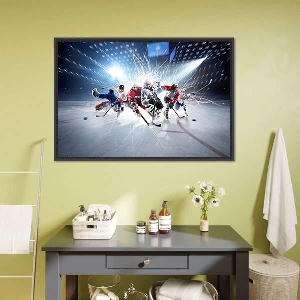 Dynamic Hockey Players in Action Canvas Wall Art in black, white and blue, framed canvas, product view on a white background