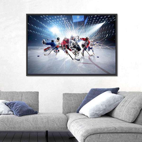 Hockey Players In Action Canvas Wall Art-5 Horizontal-Gallery Wrap-22&quot; x 12&quot;-Tiaracle