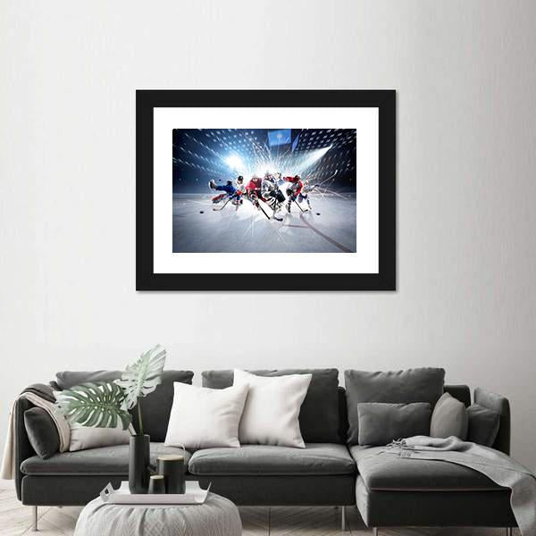 Hockey Players In Action Canvas Wall Art-5 Horizontal-Gallery Wrap-22&quot; x 12&quot;-Tiaracle