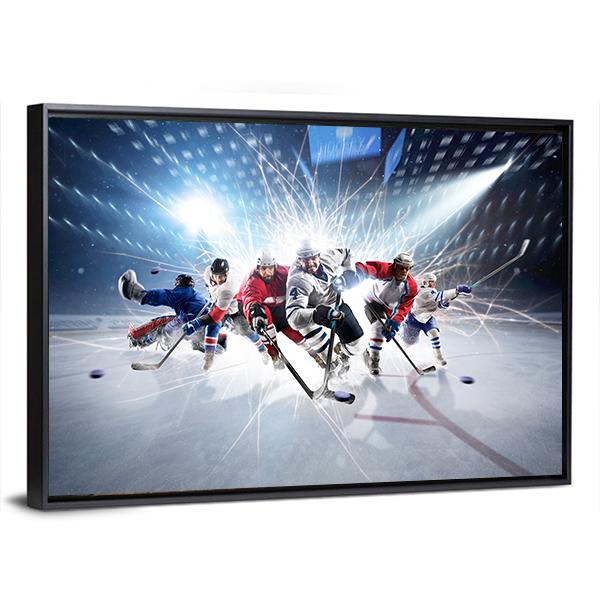 Hockey Players In Action Canvas Wall Art-5 Horizontal-Gallery Wrap-22&quot; x 12&quot;-Tiaracle
