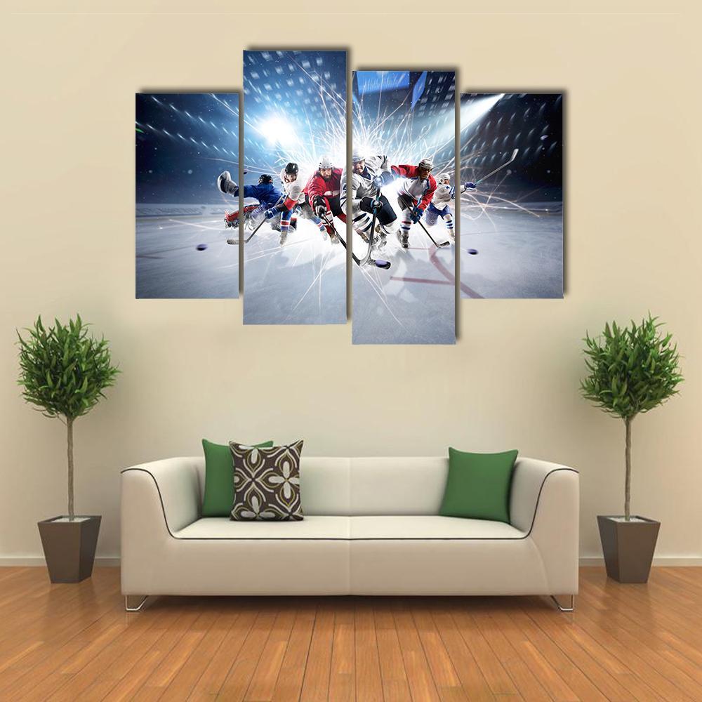 Hockey Players In Action Canvas Wall Art-4 Pop-Gallery Wrap-50" x 32"-Tiaracle