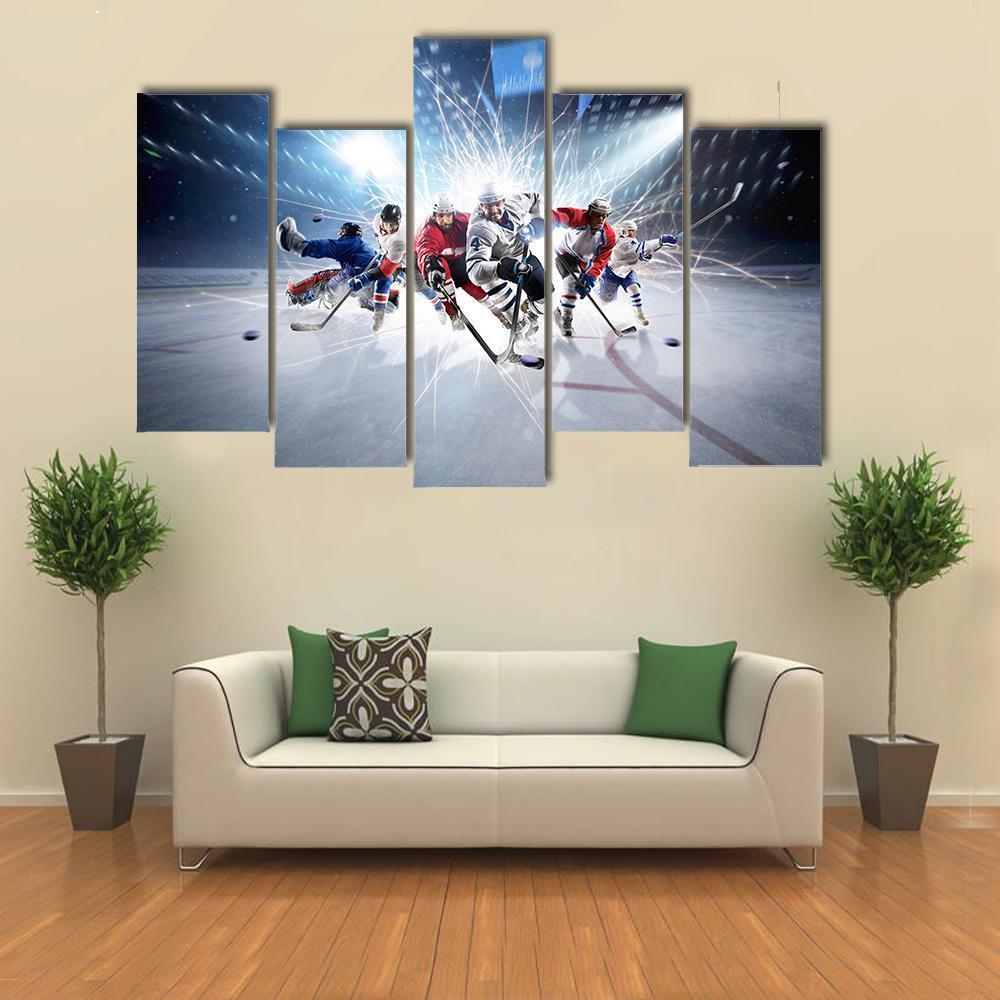 Hockey Players In Action Canvas Wall Art-5 Pop-Gallery Wrap-47" x 32"-Tiaracle