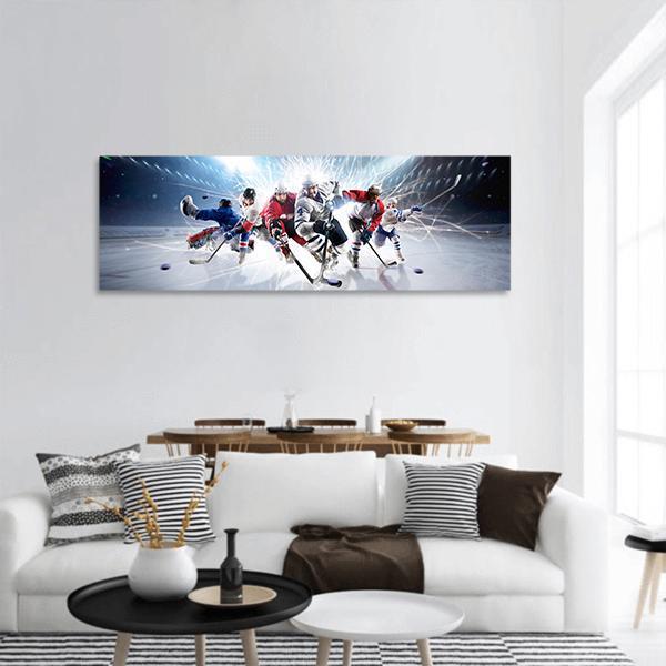 Hockey Players In Action Panoramic Canvas Wall Art-3 Piece-25" x 08"-Tiaracle