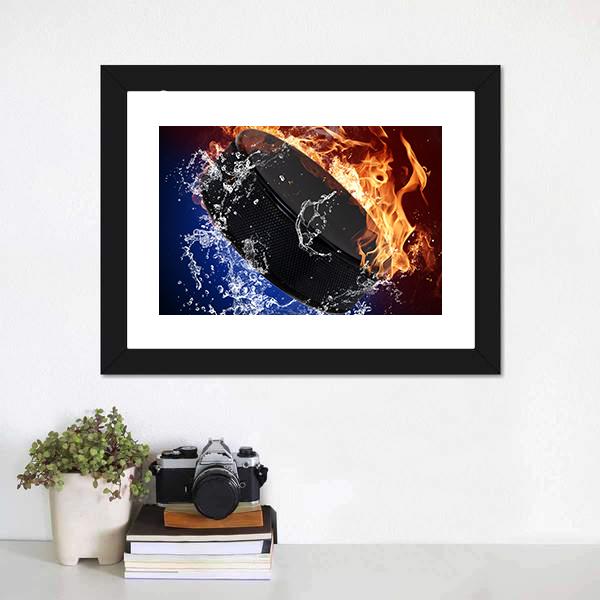 Hockey Puck In Fire Flames Canvas Wall Art-1 Piece-Framed Print-20" x 16"-Tiaracle