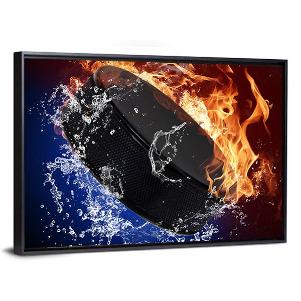 Hockey Puck In Fire Flames Canvas Wall Art-3 Horizontal-Gallery Wrap-25" x 16"-Tiaracle