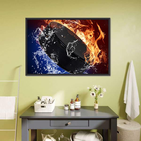 Hockey Puck In Fire Flames Canvas Wall Art-1 Piece-Floating Frame-24" x 16"-Tiaracle