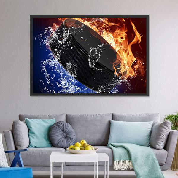 Hockey Puck In Fire Flames Canvas Wall Art-3 Horizontal-Gallery Wrap-25" x 16"-Tiaracle