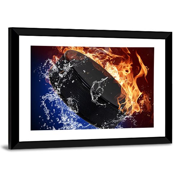 Hockey Puck In Fire Flames Canvas Wall Art-3 Horizontal-Gallery Wrap-25" x 16"-Tiaracle