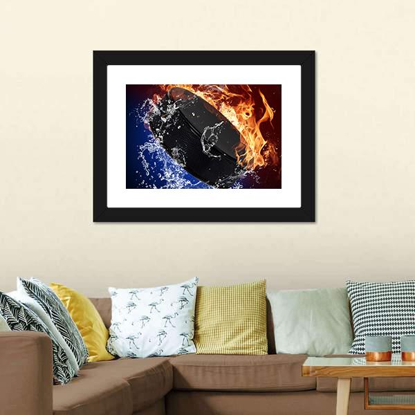 Hockey Puck In Fire Flames Canvas Wall Art-3 Horizontal-Gallery Wrap-25" x 16"-Tiaracle