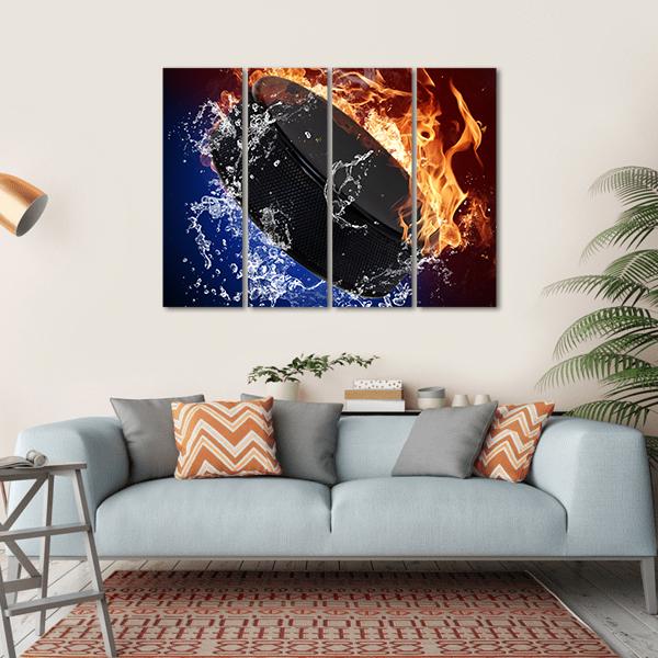 Hockey Puck In Fire Flames Canvas Wall Art-4 Horizontal-Gallery Wrap-34" x 24"-Tiaracle