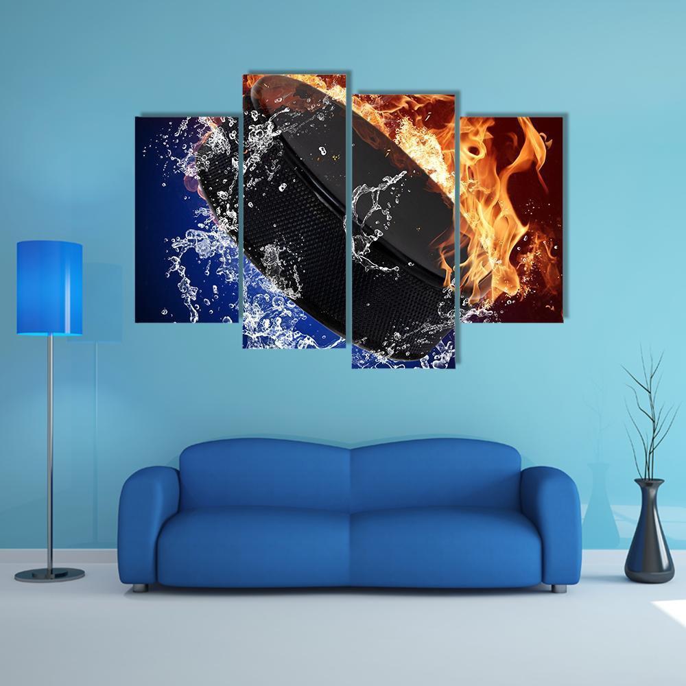 Hockey Puck In Fire Flames Canvas Wall Art-4 Pop-Gallery Wrap-50" x 32"-Tiaracle