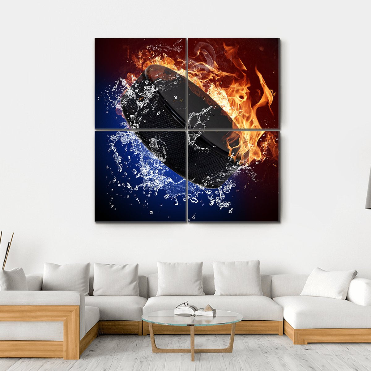 Hockey Puck In Fire Flames Canvas Wall Art-4 Square-Gallery Wrap-17" x 17"-Tiaracle