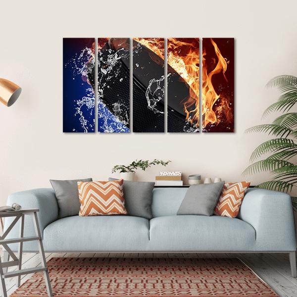 Hockey Puck In Fire Flames Canvas Wall Art-5 Horizontal-Gallery Wrap-22" x 12"-Tiaracle