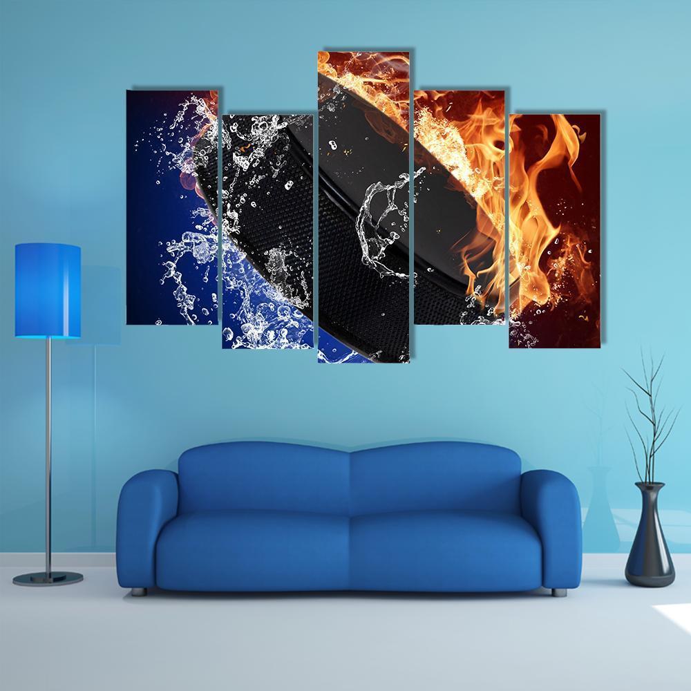 Hockey Puck In Fire Flames Canvas Wall Art-5 Pop-Gallery Wrap-47" x 32"-Tiaracle