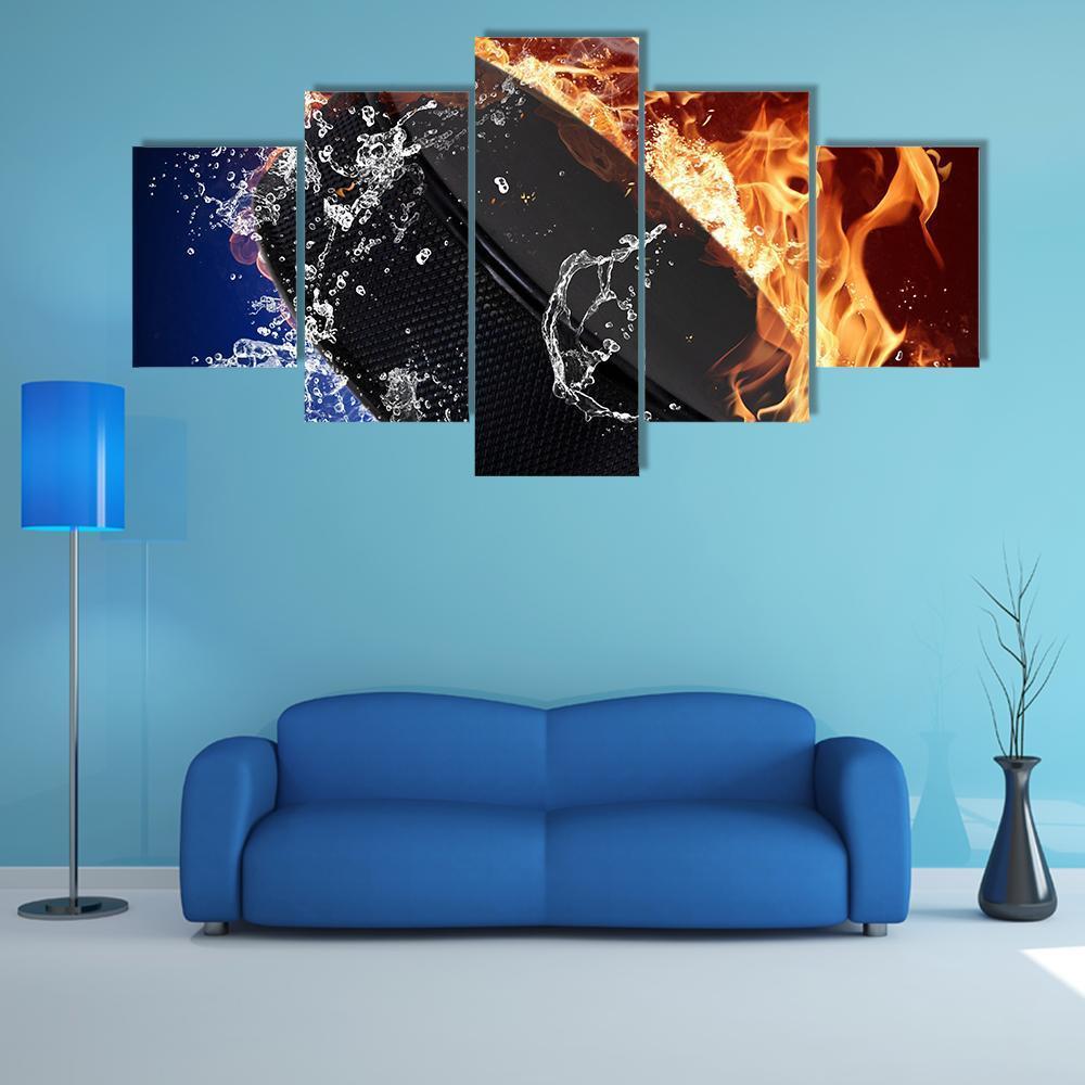 Hockey Puck In Fire Flames Canvas Wall Art-5 Star-Gallery Wrap-62" x 32"-Tiaracle