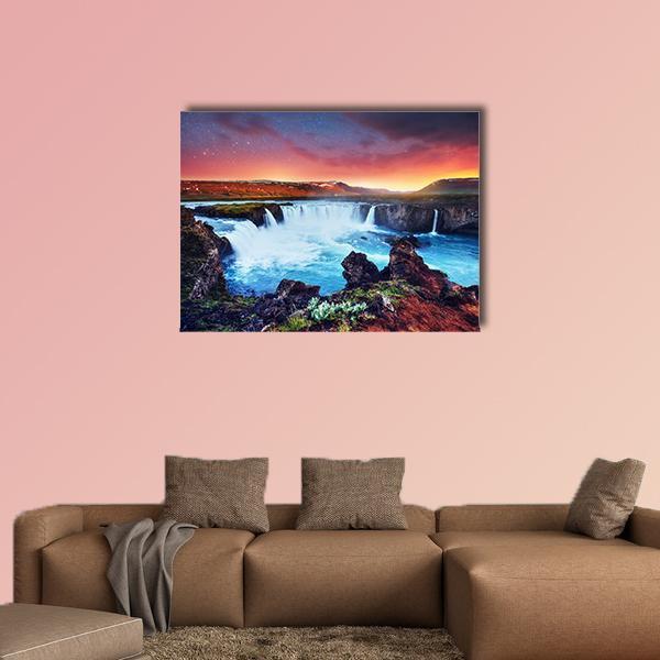Amazing Godafoss Waterfall Canvas Wall Art-1 Piece-Gallery Wrap-48" x 32"-Tiaracle