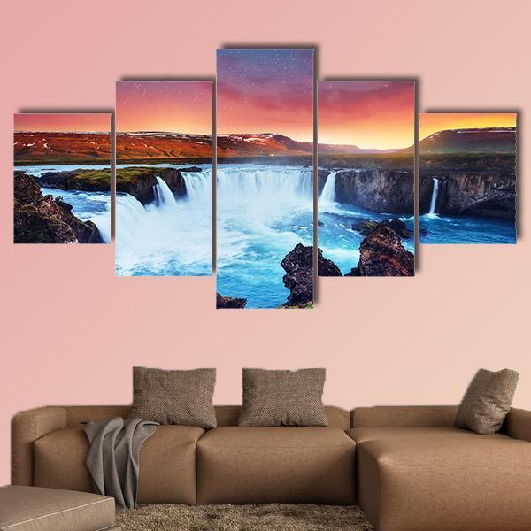 Amazing Godafoss Waterfall Canvas Wall Art-5 Star-Gallery Wrap-62" x 32"-Tiaracle