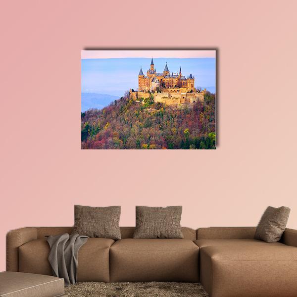 Hohenzollern Castle Canvas Wall Art in brown, gold and blue, single panel hung on a wall