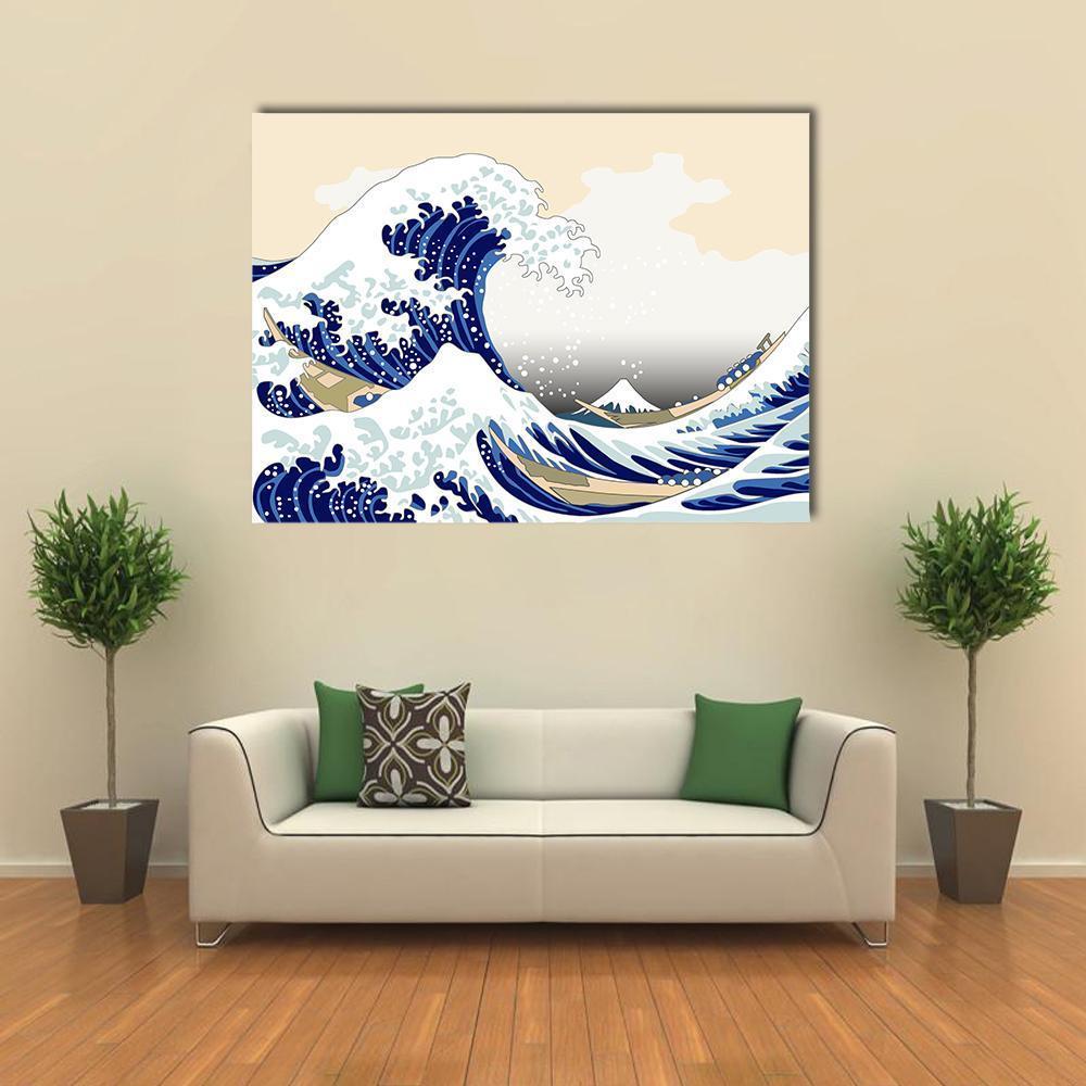 Hokusai Wave with Mount Fuji Canvas Wall Art in beige, blue and navy, single panel hung on a wall