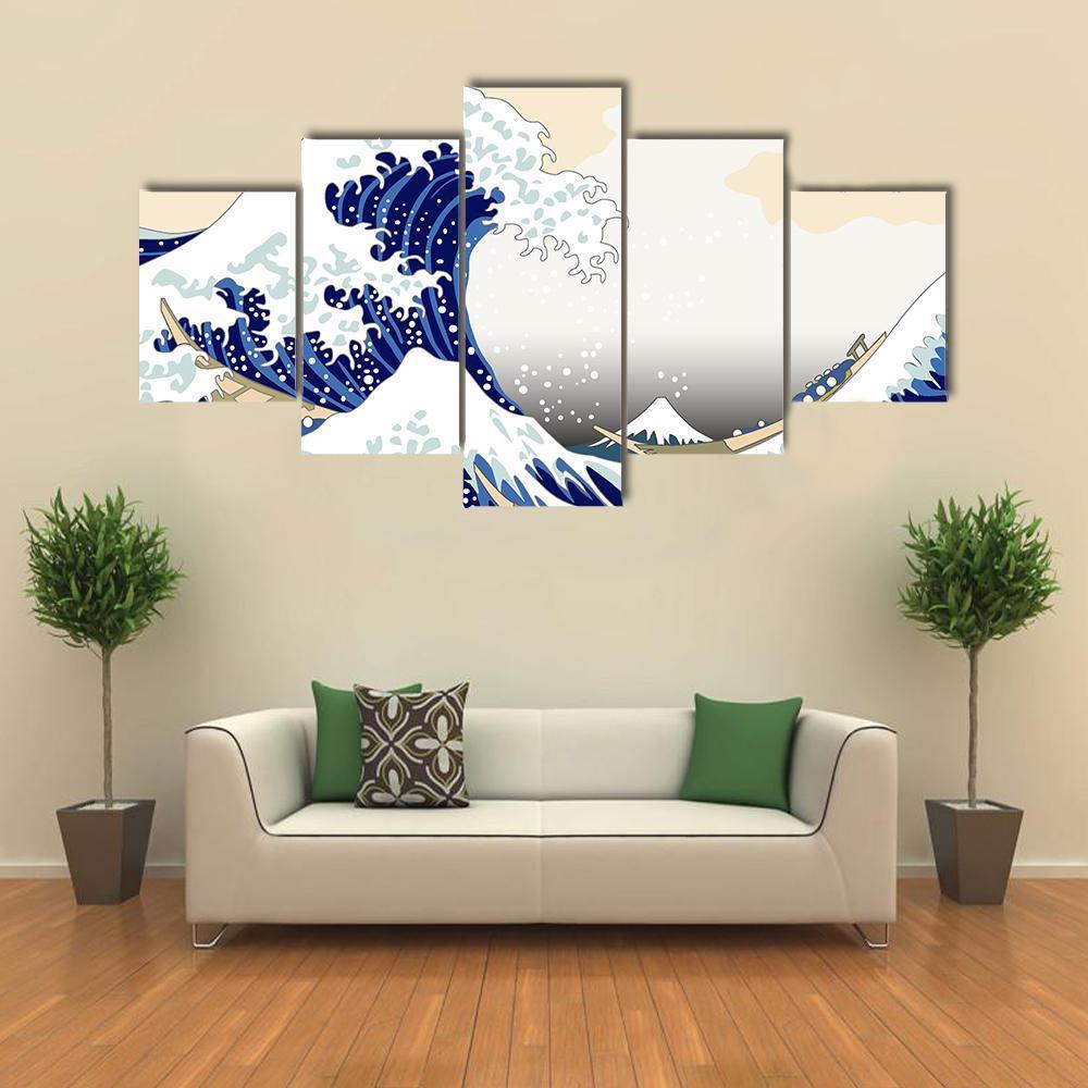 Hokusai Wave Canvas Wall Art-5 Star-Gallery Wrap-62" x 32"-Tiaracle