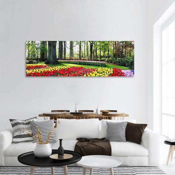 Tulips &amp; Spring Hyacinths Panoramic Canvas Wall Art-1 Piece-36" x 12"-Tiaracle