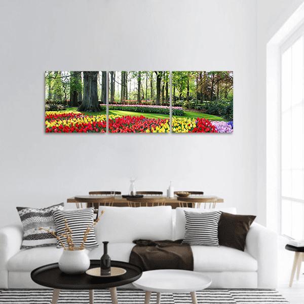 Tulips &amp; Spring Hyacinths Panoramic Canvas Wall Art-3 Piece-25" x 08"-Tiaracle