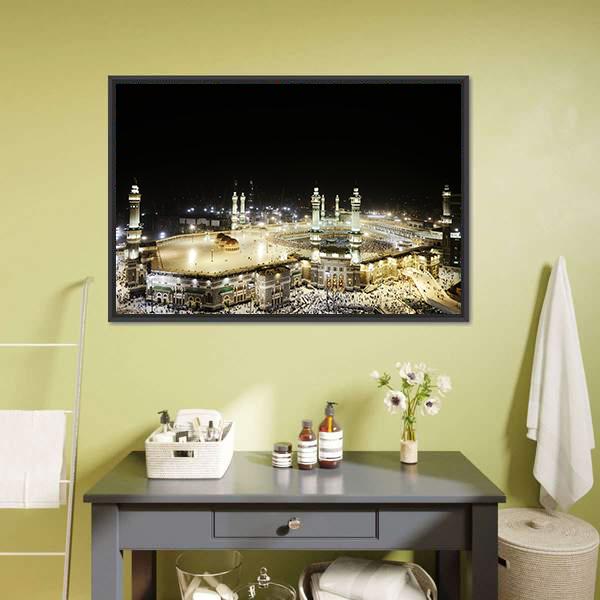 Holy Kaaba At Night Canvas Wall Art-1 Piece-Floating Frame-24&quot; x 16&quot;-Tiaracle