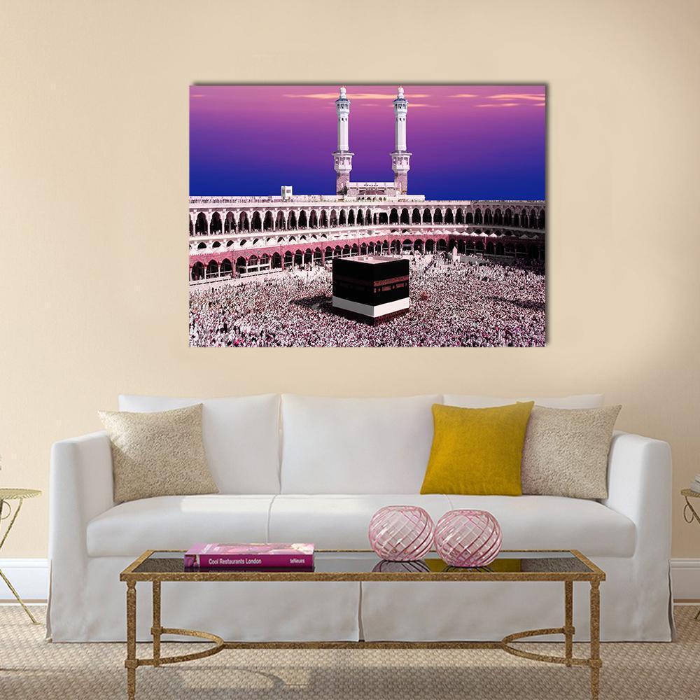 Kaaba at Twilight Canvas Wall Art in white, blue and purple, single panel hung on a wall