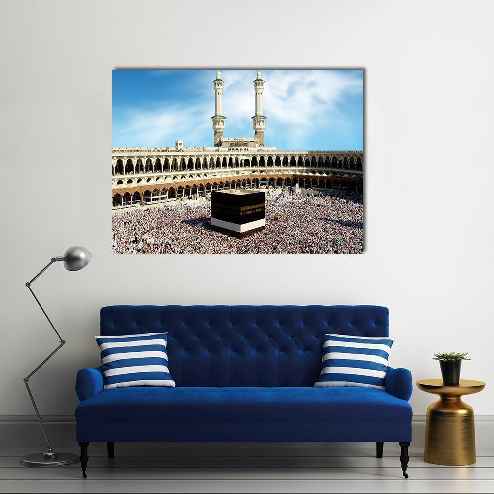 Holy Kaaba in Mecca Canvas Wall Art in white, beige and blue, single panel hung on a wall
