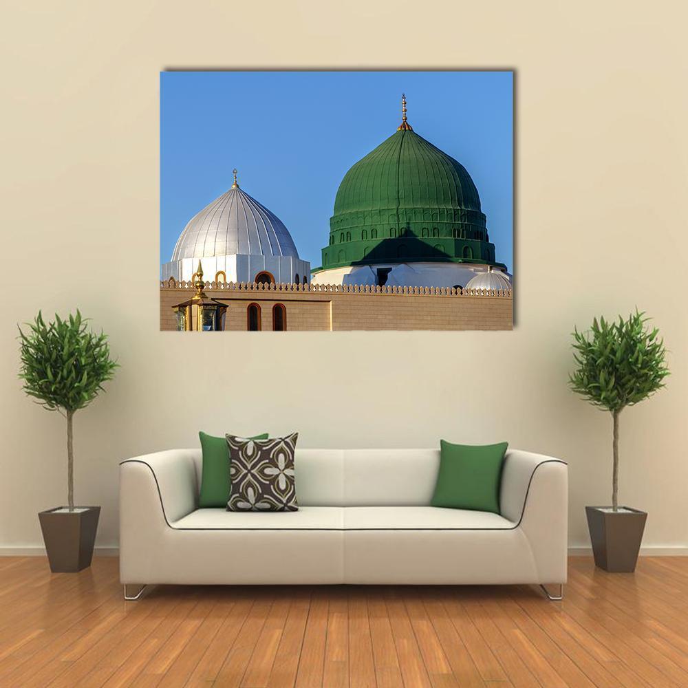 Holy Mosque in Medina Canvas Wall Art in beige, green and blue, single panel hung on a wall