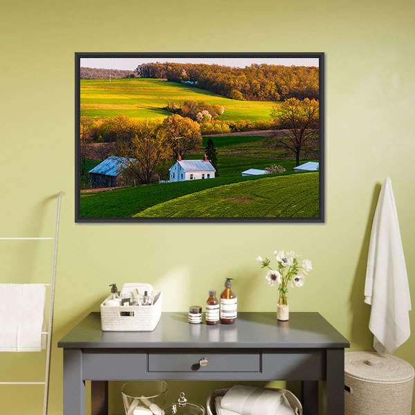Home &amp; Barn On Farm Fields Canvas Wall Art-1 Piece-Floating Frame-24" x 16"-Tiaracle