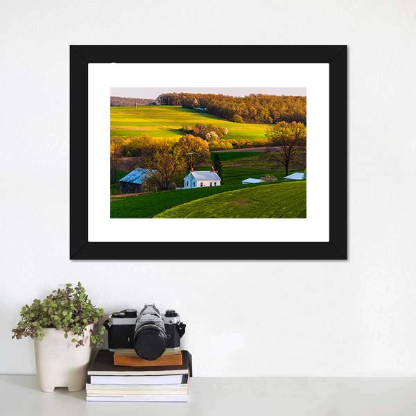 Home &amp; Barn On Farm Fields Canvas Wall Art-1 Piece-Framed Print-20" x 16"-Tiaracle