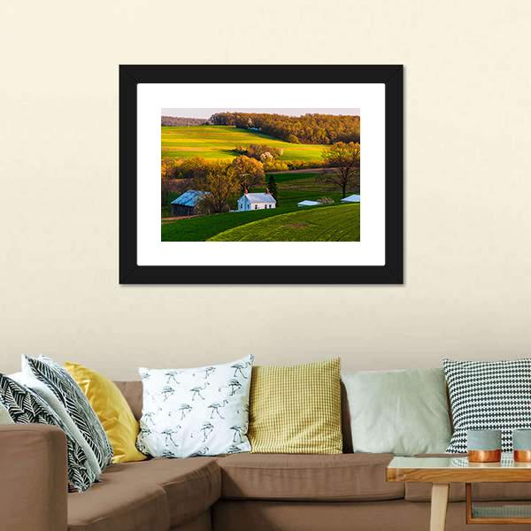 Home &amp; Barn On Farm Fields Canvas Wall Art-3 Horizontal-Gallery Wrap-25" x 16"-Tiaracle
