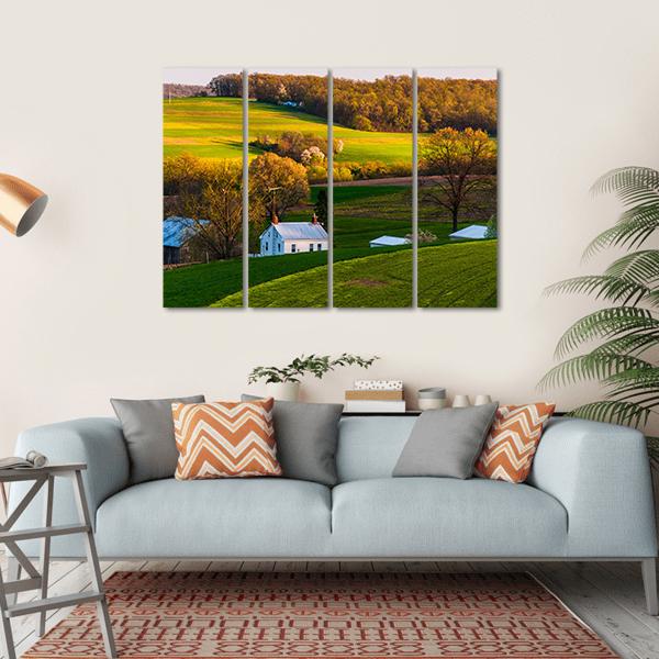 Home &amp; Barn On Farm Fields Canvas Wall Art-4 Horizontal-Gallery Wrap-34" x 24"-Tiaracle