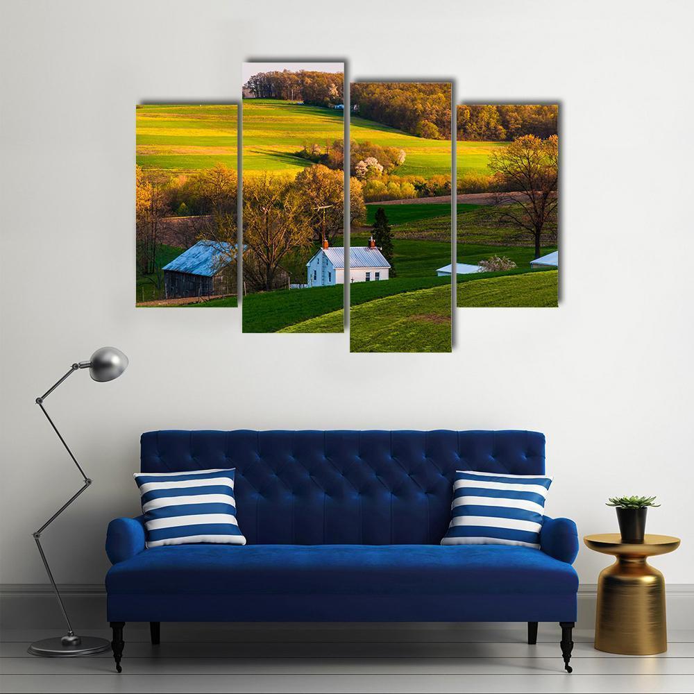 Home &amp; Barn On Farm Fields Canvas Wall Art-4 Pop-Gallery Wrap-50" x 32"-Tiaracle