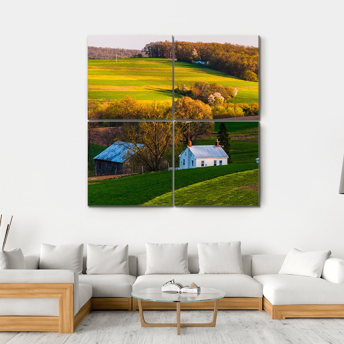 Home &amp; Barn On Farm Fields Canvas Wall Art-4 Square-Gallery Wrap-17" x 17"-Tiaracle