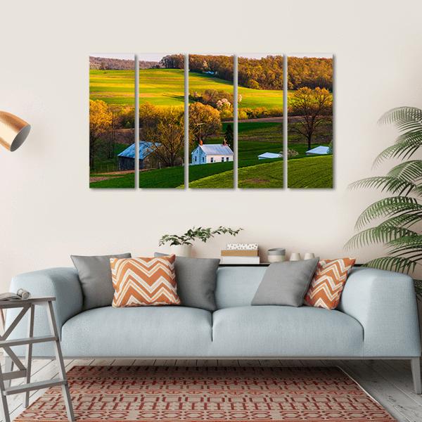 Home &amp; Barn On Farm Fields Canvas Wall Art-5 Horizontal-Gallery Wrap-22" x 12"-Tiaracle