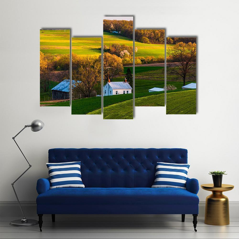 Home &amp; Barn On Farm Fields Canvas Wall Art-5 Pop-Gallery Wrap-47" x 32"-Tiaracle