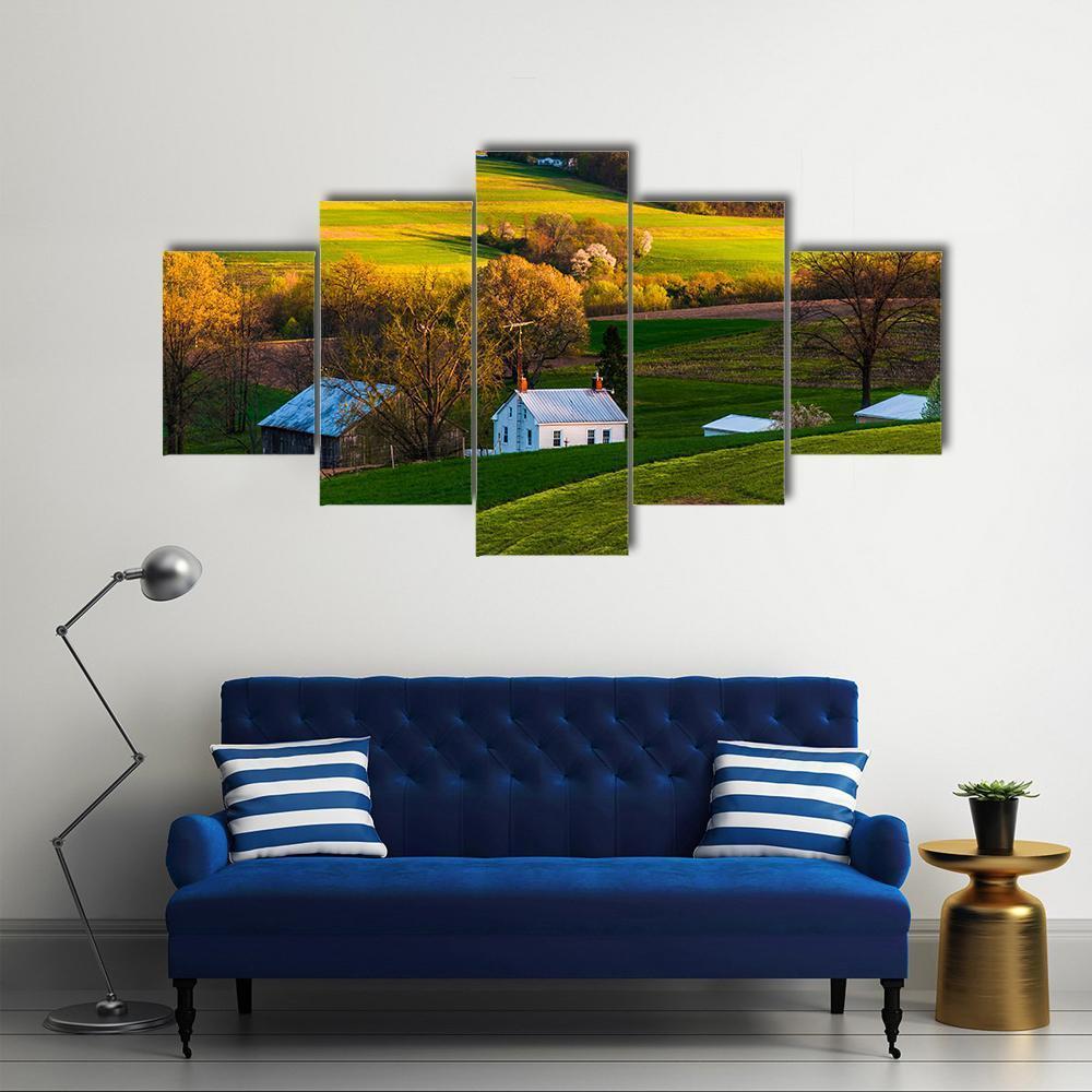Home &amp; Barn On Farm Fields Canvas Wall Art-5 Star-Gallery Wrap-62" x 32"-Tiaracle