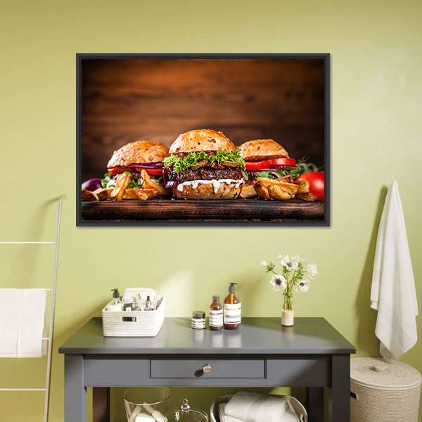 Homemade Burgers with French Fries Canvas Wall Art in brown, red and yellow, framed canvas, product view on a white background