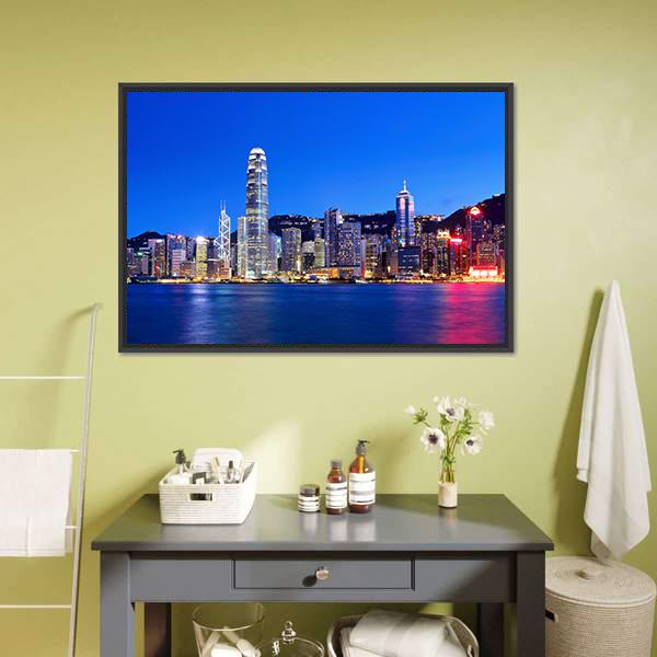 Hong Kong Night Skyline Canvas Wall Art in blue, framed canvas, product view on a white background