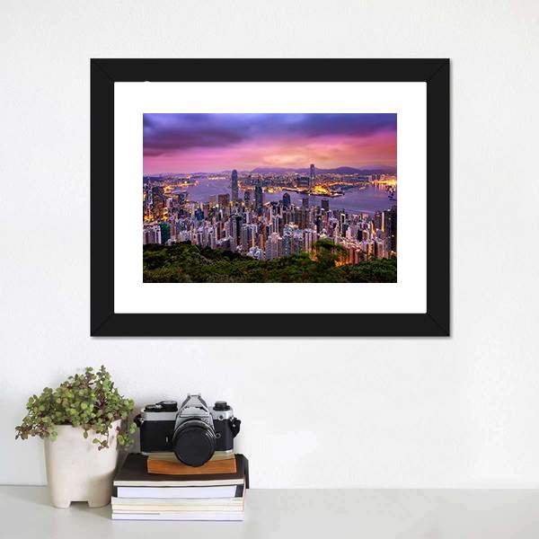 Hong Kong City At Night Canvas Wall Art-1 Piece-Framed Print-20" x 16"-Tiaracle