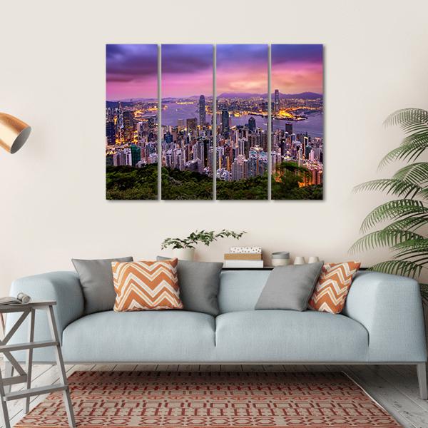 Hong Kong City At Night Canvas Wall Art-4 Horizontal-Gallery Wrap-34" x 24"-Tiaracle