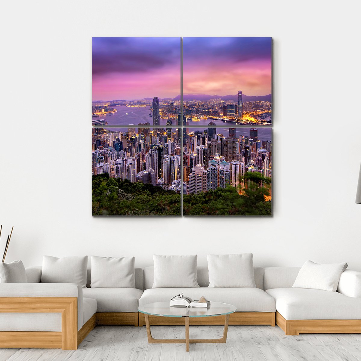 Hong Kong City At Night Canvas Wall Art-4 Square-Gallery Wrap-17" x 17"-Tiaracle