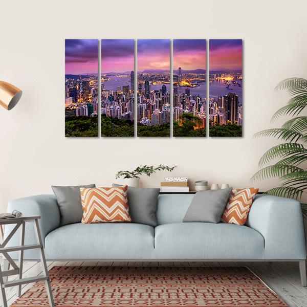 Hong Kong City At Night Canvas Wall Art-5 Horizontal-Gallery Wrap-22" x 12"-Tiaracle
