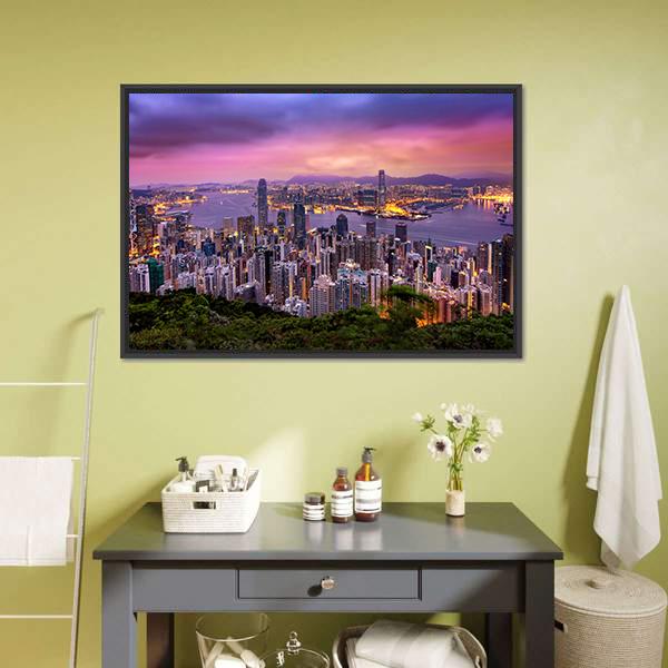 Hong Kong City At Night Canvas Wall Art-1 Piece-Floating Frame-24" x 16"-Tiaracle