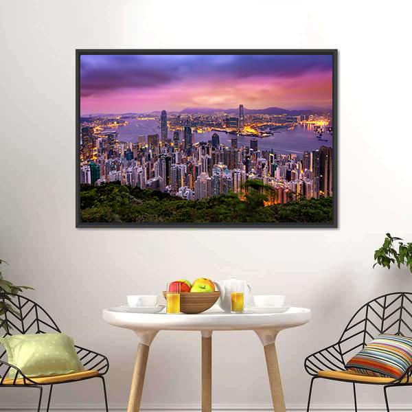 Hong Kong City At Night Canvas Wall Art-3 Horizontal-Gallery Wrap-25" x 16"-Tiaracle