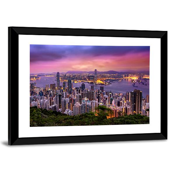 Hong Kong City At Night Canvas Wall Art-3 Horizontal-Gallery Wrap-25" x 16"-Tiaracle